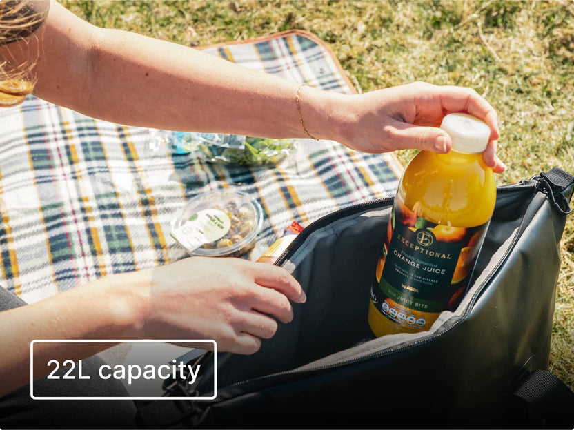 Person taking a bottle of orange juice from the TentBox CoolBag, with a grassy background and picnic blanket and text reading '22L capacity'.