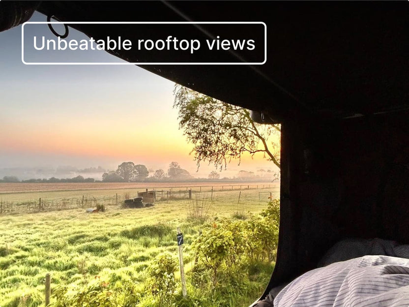 View from inside the TentBox of a grassy field with a sunset, text overaly reads 'Unbeatable rooftop views'.